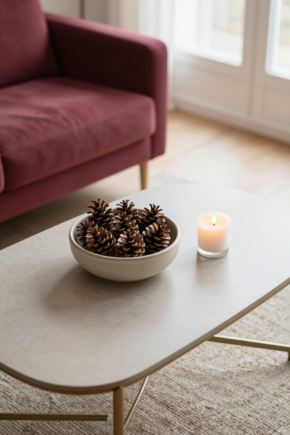 Minimal Christmas coffee table with a ceramic bowl of pinecones and a single candle