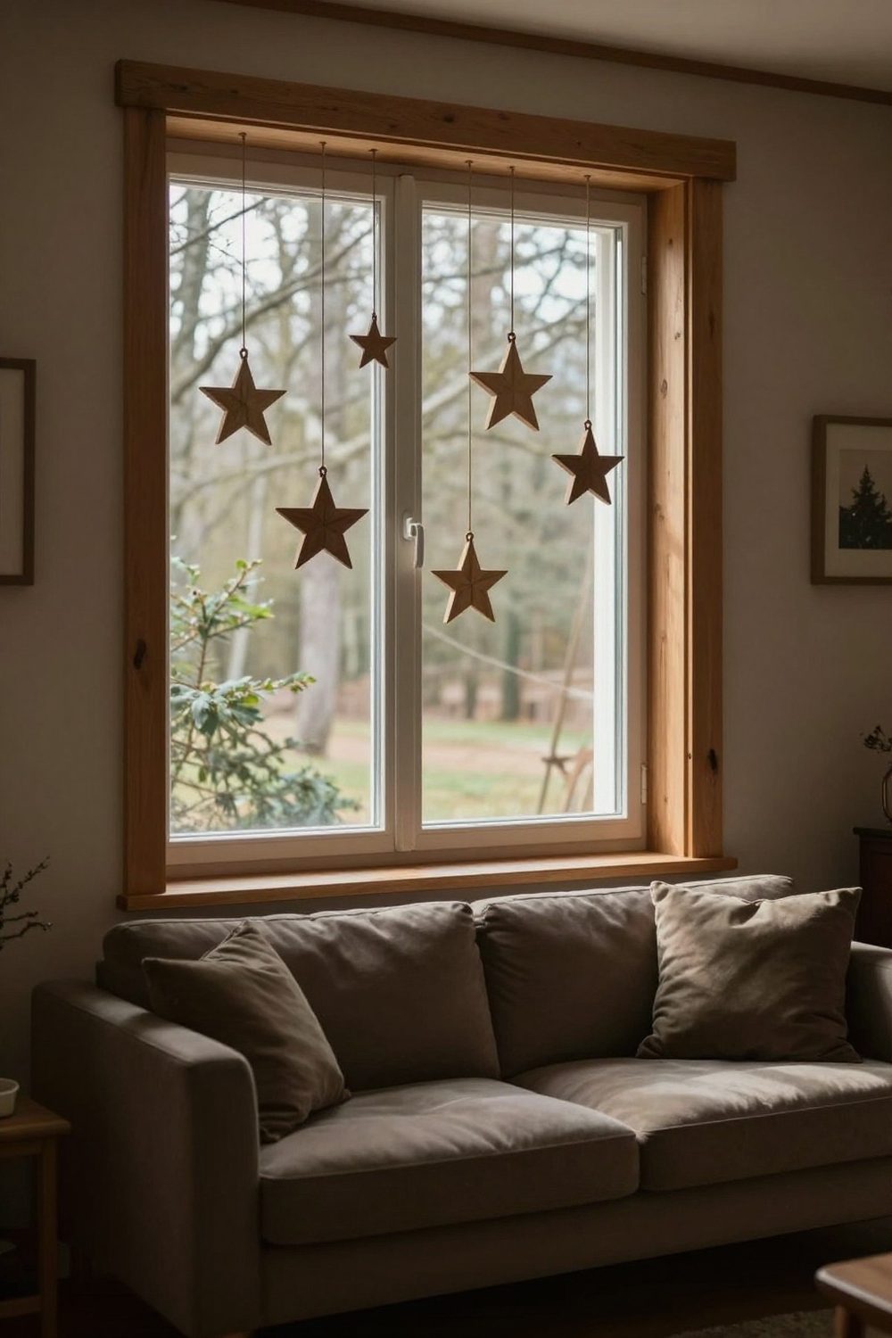 Wooden star ornaments hanging at different heights in a window