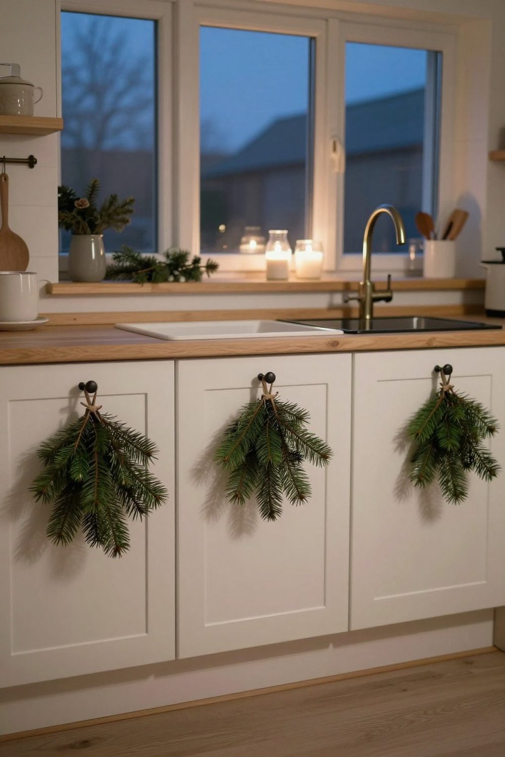 Simple Christmas kitchen with a sprig of greenery tied to cabinet handles