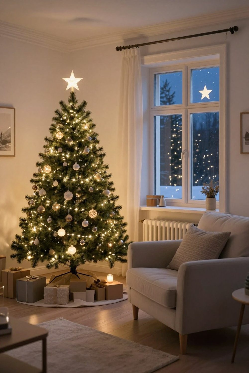 Cozy Scandinavian living room at evening lit by a tree, lamps and a star in the window