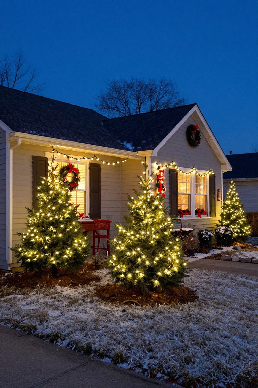 Evergreen shrubs in front of a house covered with net lights