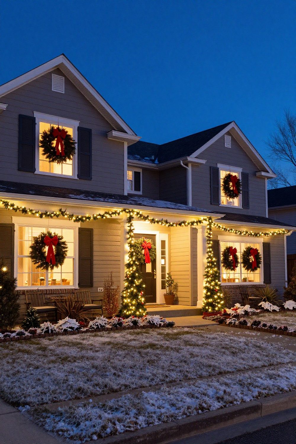 Large evergreen wreaths with red bows hanging in each front window of a house