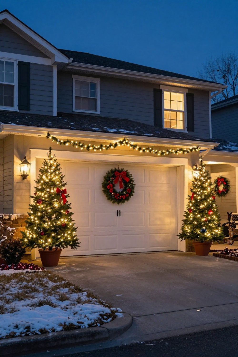 Two potted Christmas trees with lights flanking a garage door decorated with a large wreath