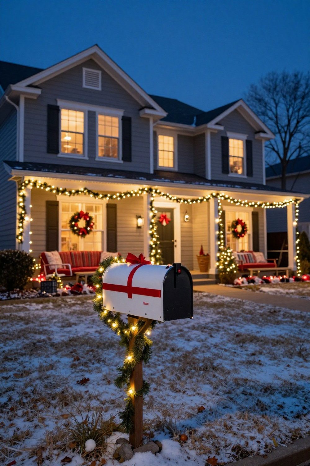Mailbox wrapped with garland and a red bow in front of a house decorated for Christmas