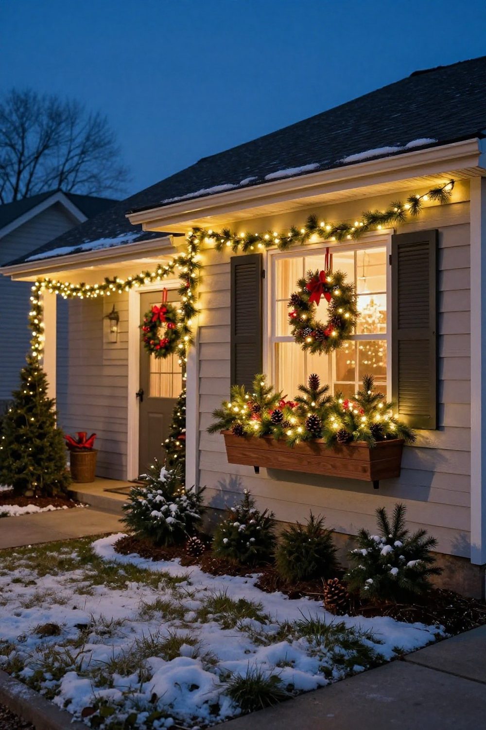 Window boxes on a house filled with evergreens, pinecones and small lights