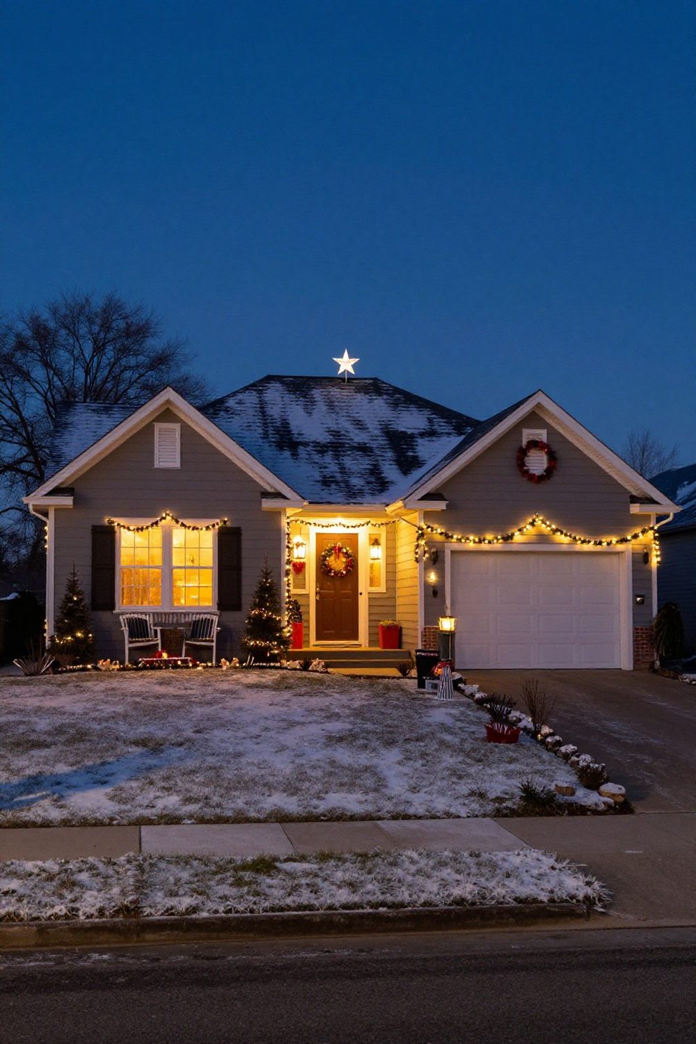 Front yard with a lit star mounted on the roof peak of a house at night