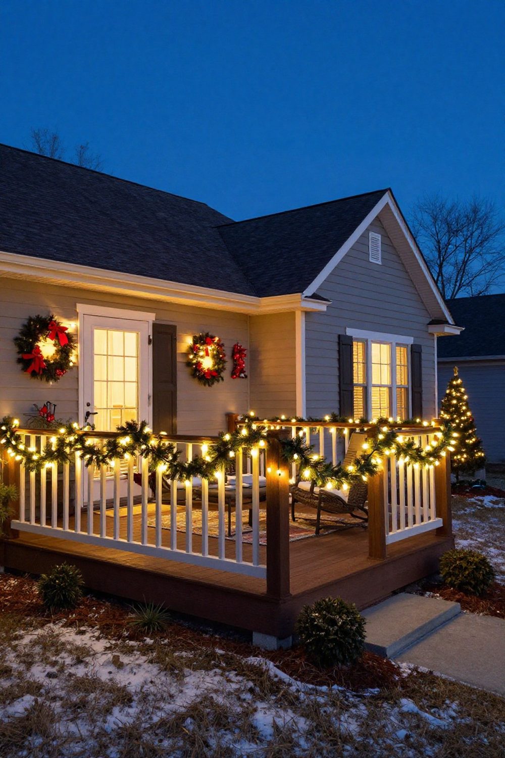 Outdoor deck railing with garland and string lights at dusk