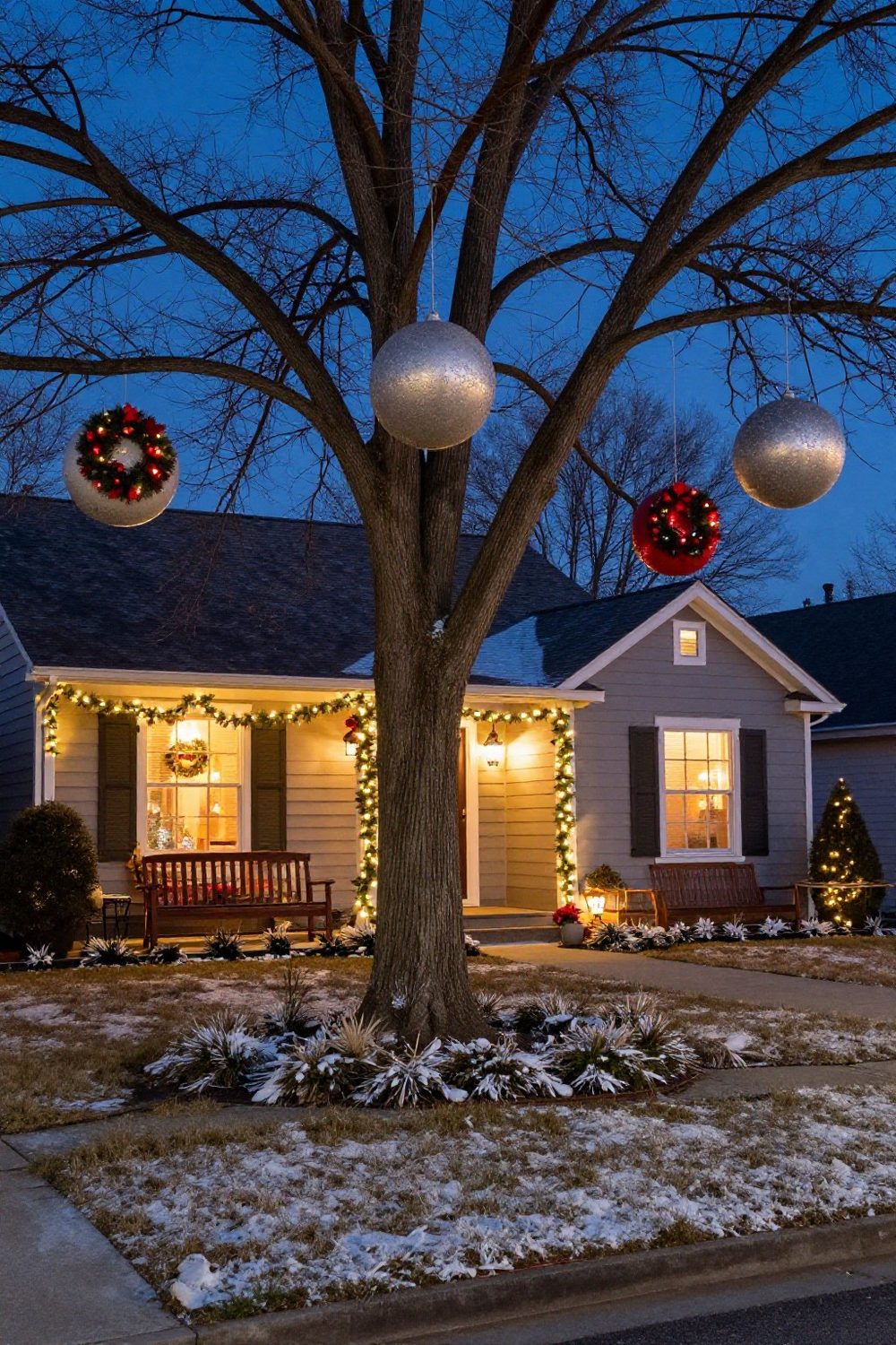 Large outdoor ornaments hanging from the branches of a bare tree in a front yard