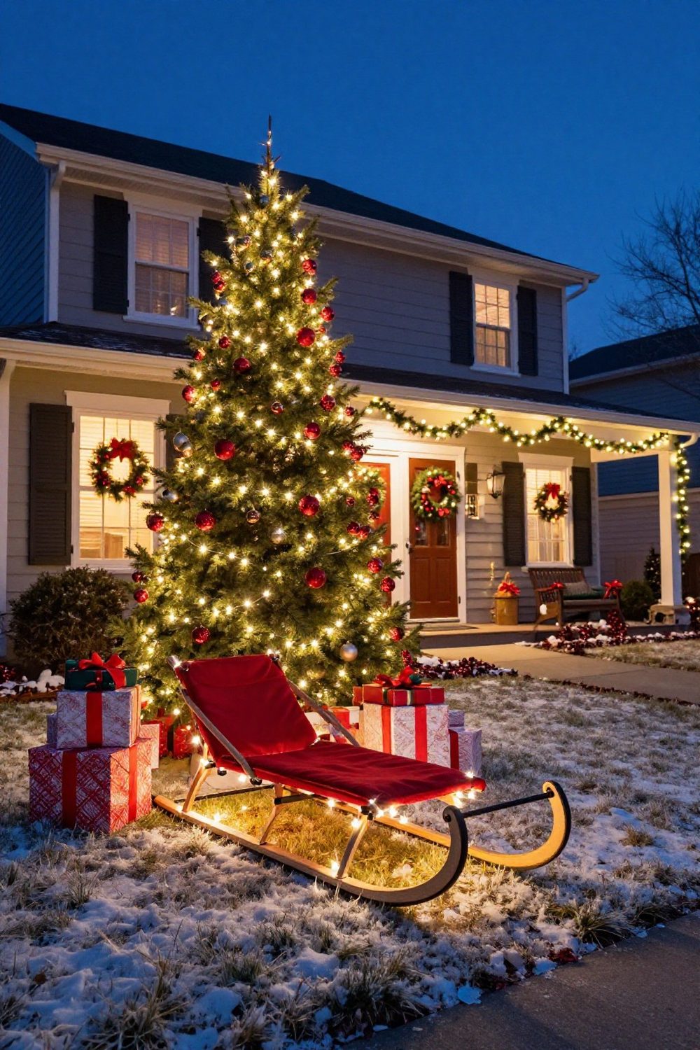 Front yard Christmas display with a lit sled and wrapped gift boxes under a tree