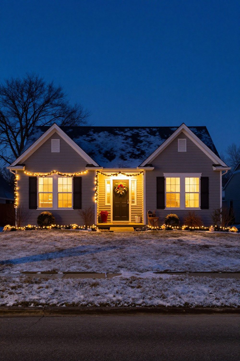 House at night with lights only on windows and door for a simple outdoor Christmas look