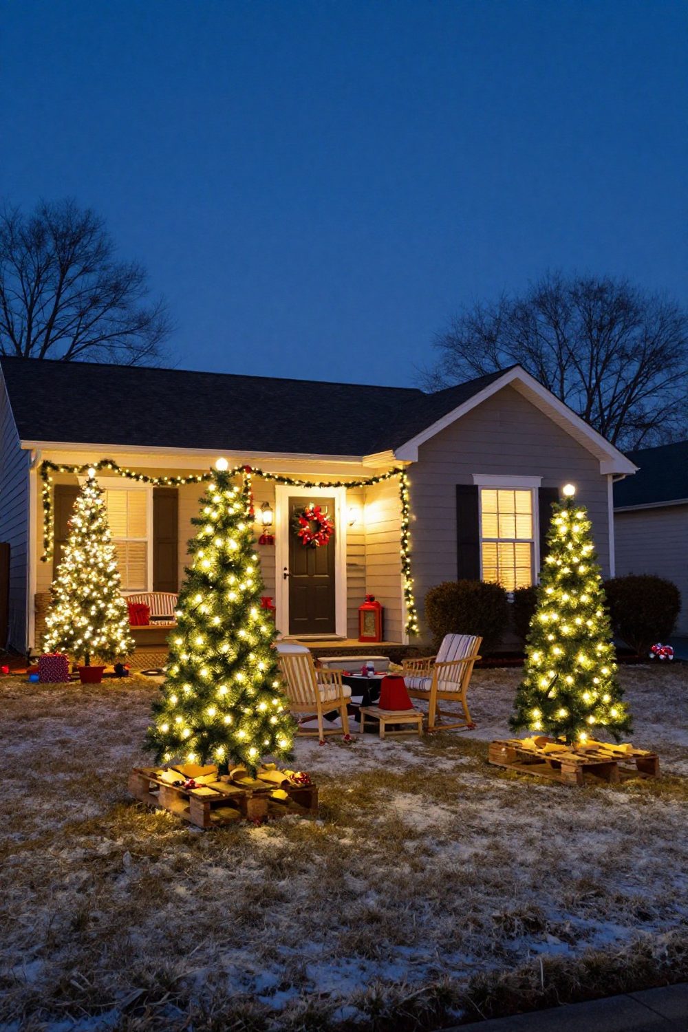 DIY outdoor Christmas decorations of wooden pallet trees with lights in a yard