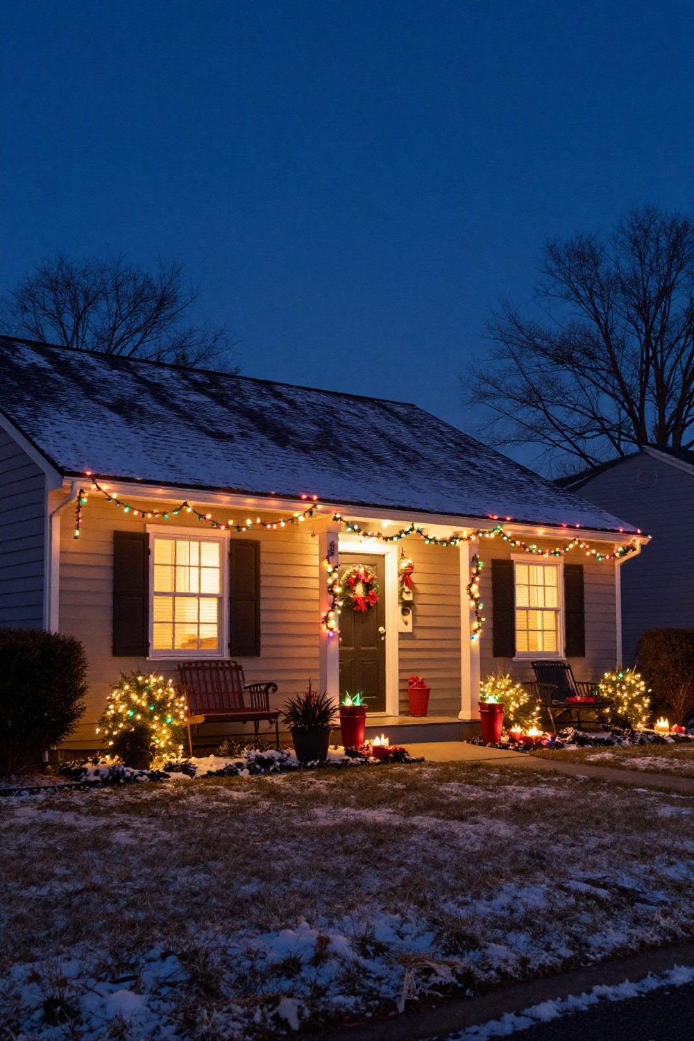 Multicolor Christmas lights on a house roofline and bushes at night