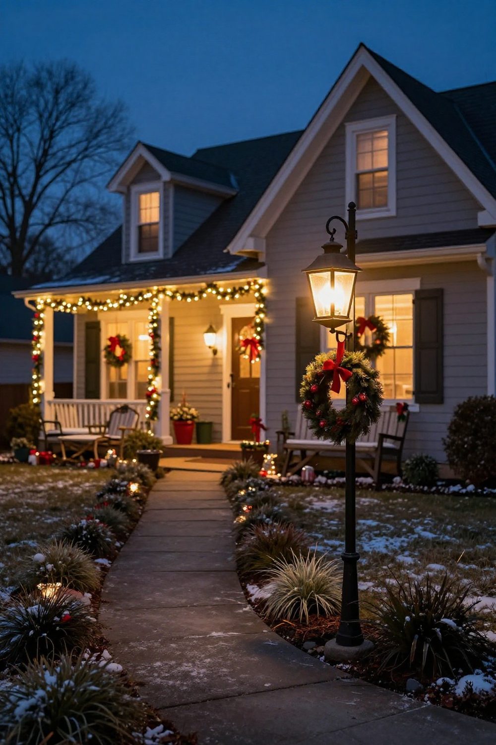 Outdoor lantern hanging on a shepherd's hook with a small wreath along a garden path