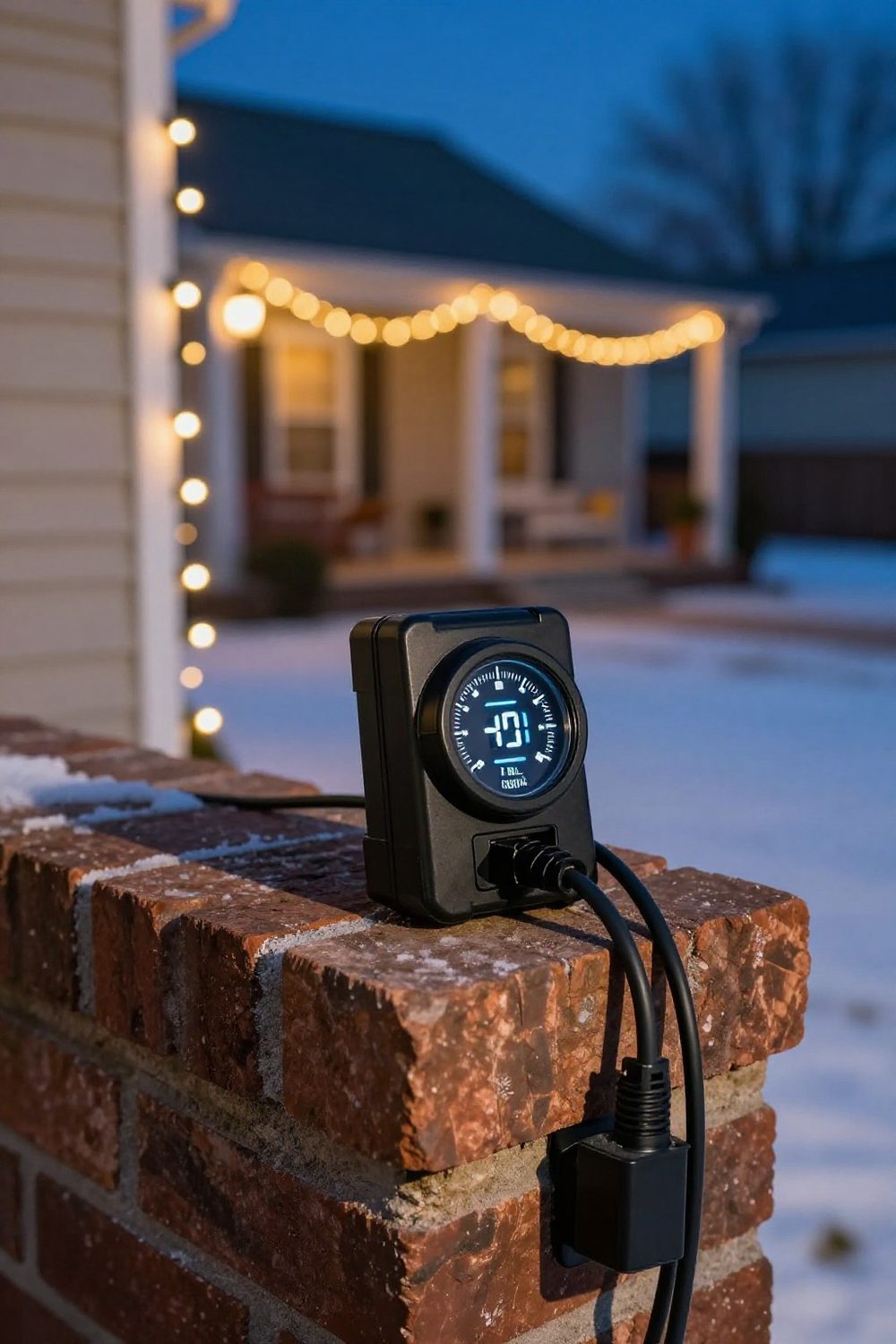 Outdoor timer and GFCI-protected outlet with Christmas light plugs kept off the ground