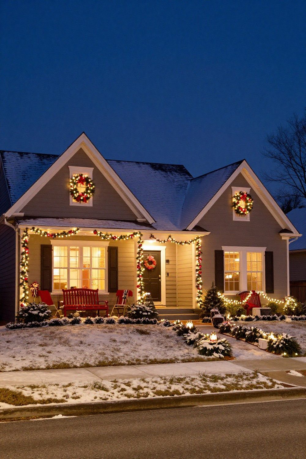 Whole American house decorated for Christmas at night viewed from the street