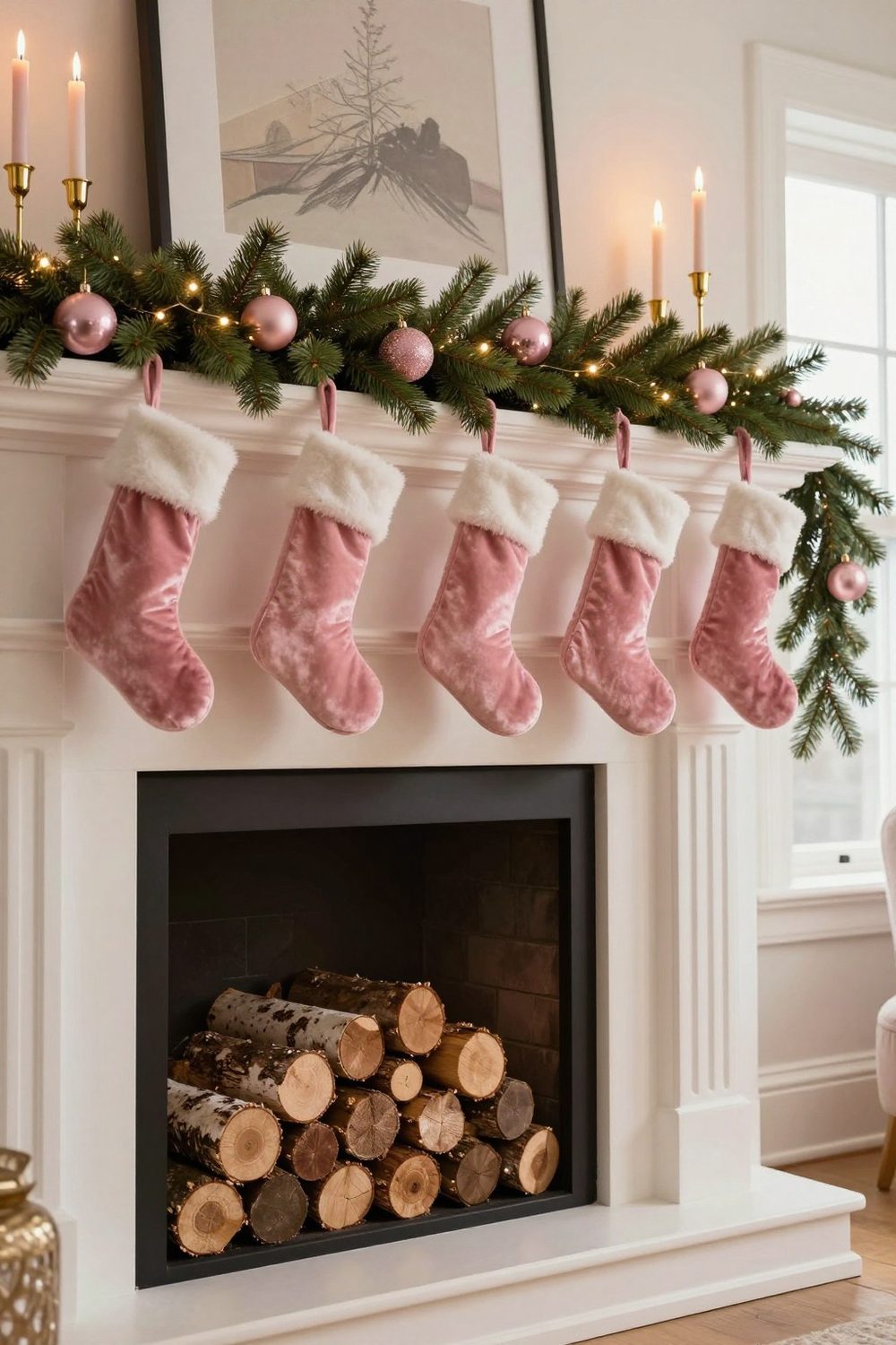 Mantel with a garland decorated with pink ornaments, pink velvet stockings and gold candlesticks