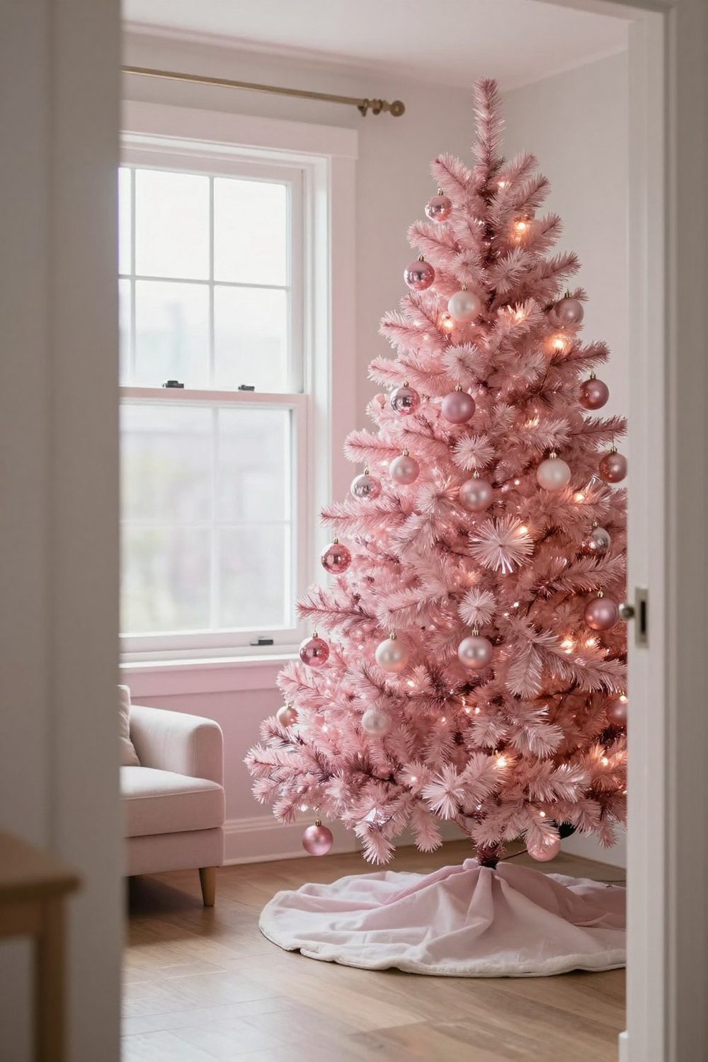 Retro pink aluminum style tinsel Christmas tree with pink ornaments