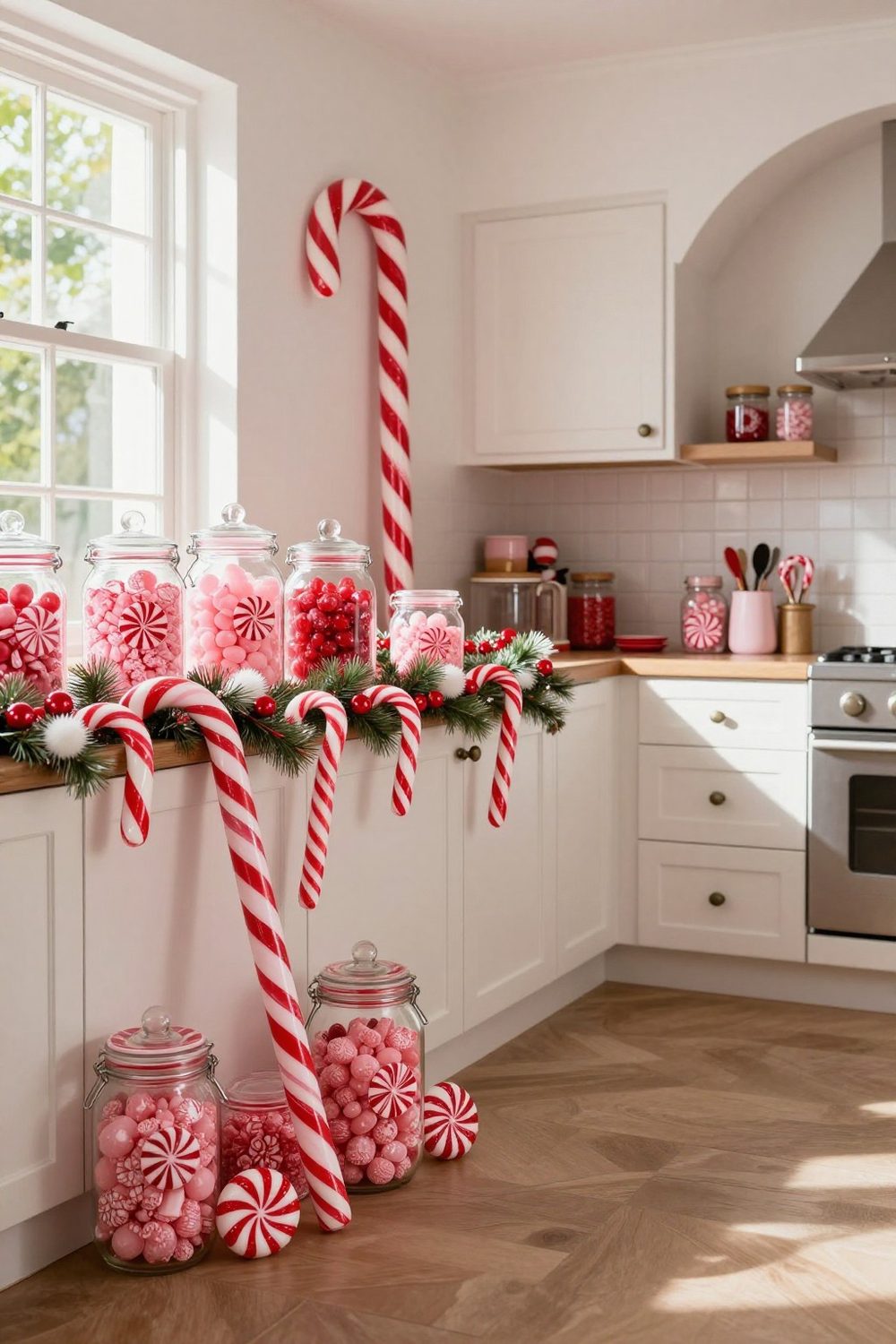 Candy pink and red Christmas decor with peppermint candies and candy canes