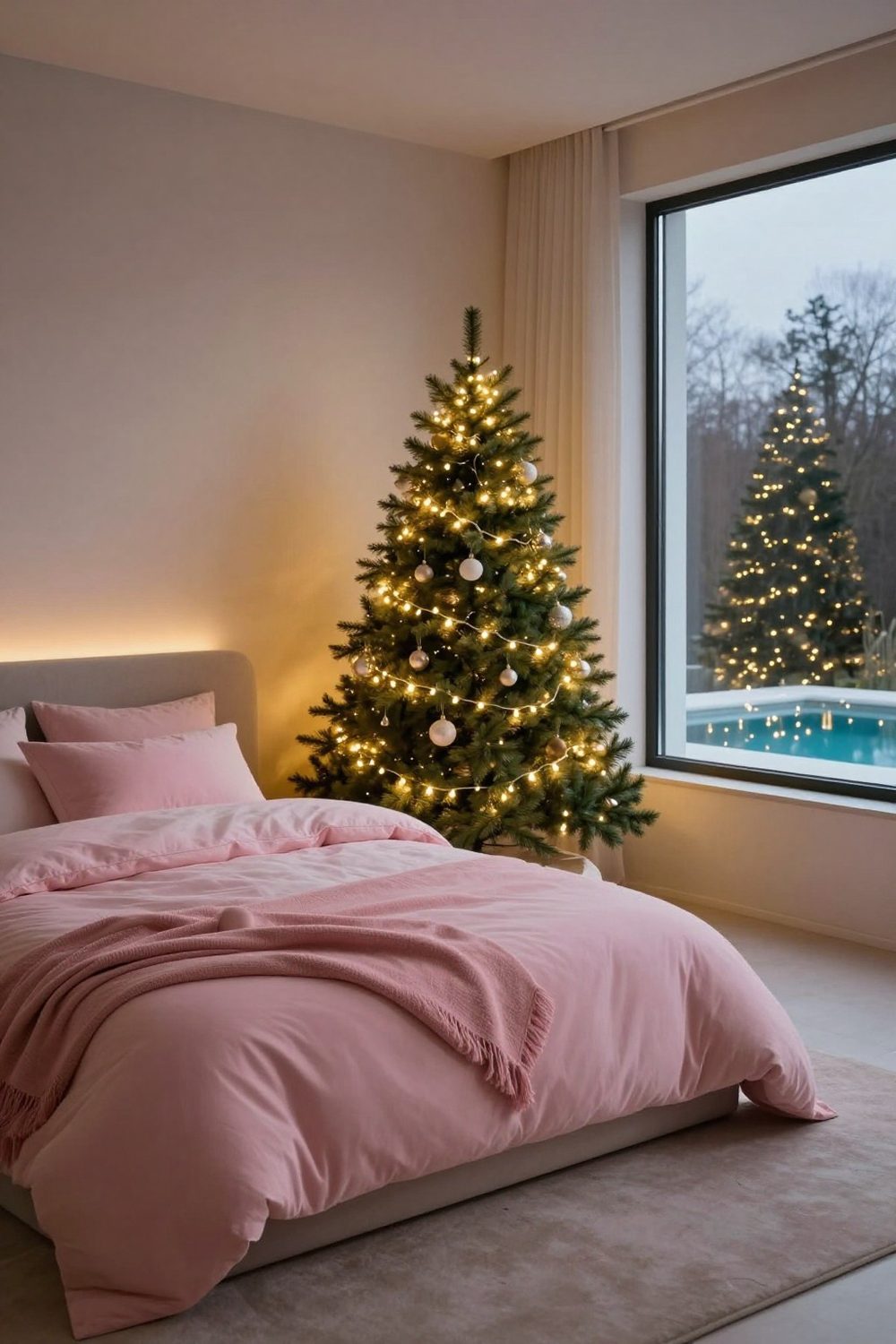 Bedroom decorated for Christmas with pink bedding, a small tree and fairy lights