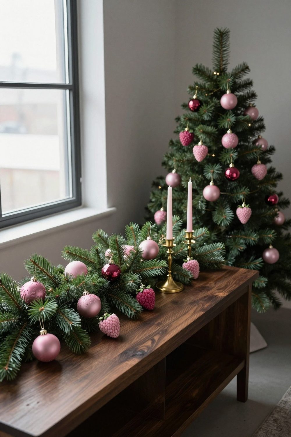 Raspberry pink ornaments with deep green garland and brass accents