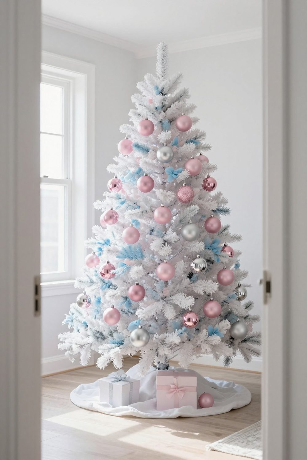 Pink and silver pastel Christmas decor with icy blue accents on a white tree
