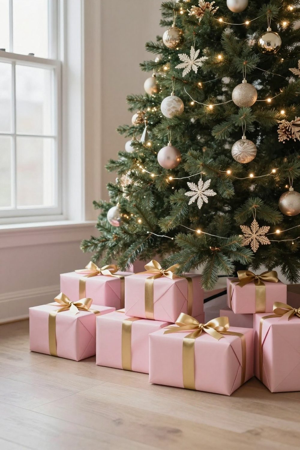Pink wrapped presents with gold ribbon under a Christmas tree