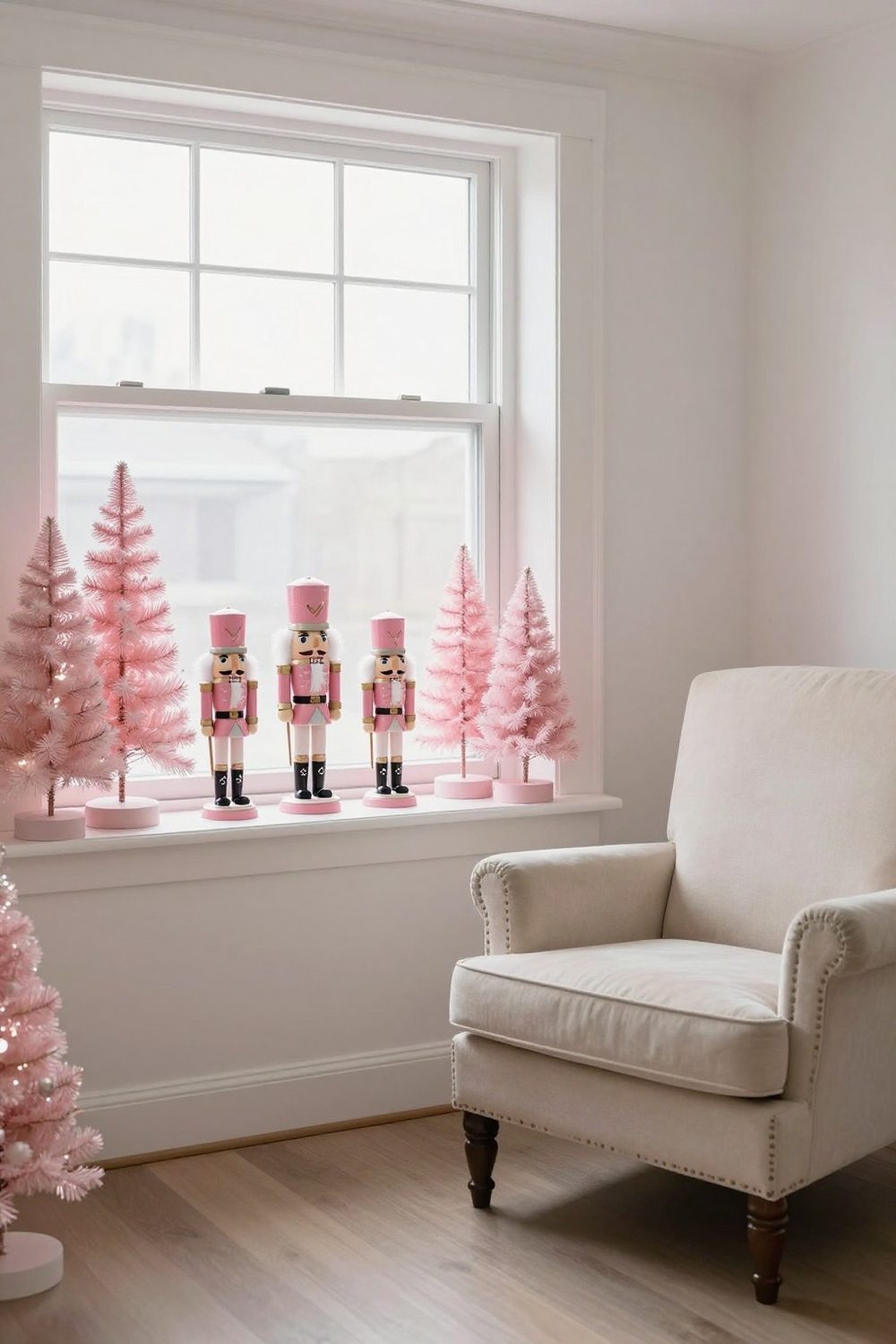 Pink glass bottle-brush trees and pink nutcrackers on a shelf