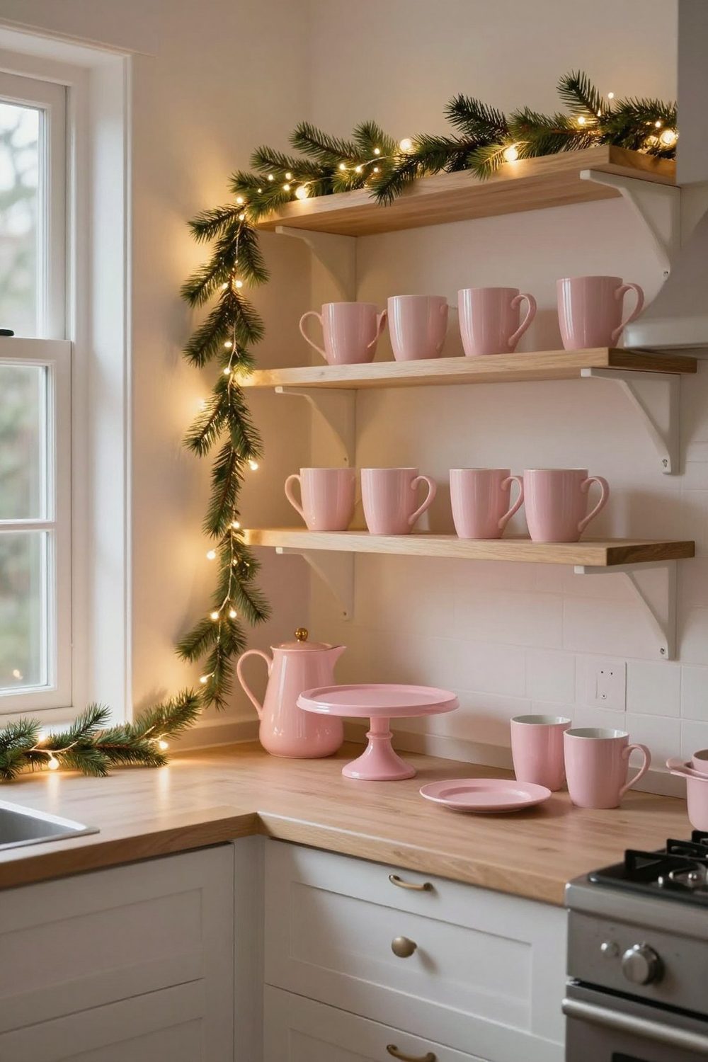 Pink Christmas kitchen with pink mugs, a pink cake stand and garland on open shelves