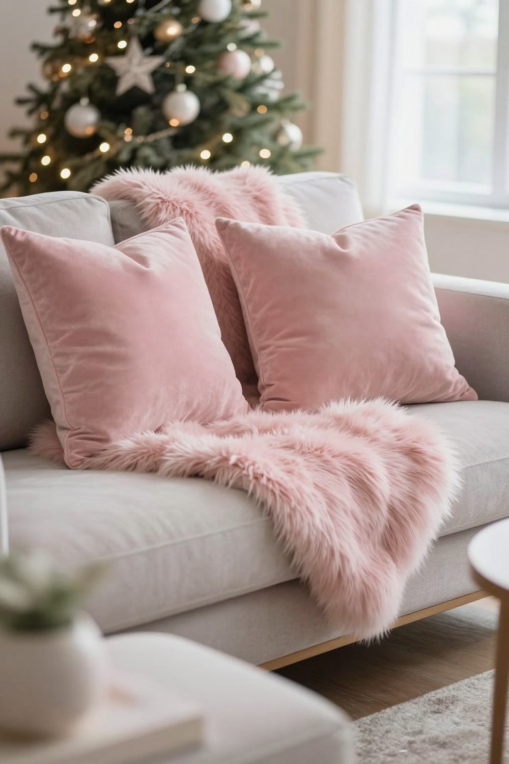 Pink velvet pillows and a pink faux fur throw on a sofa for Christmas