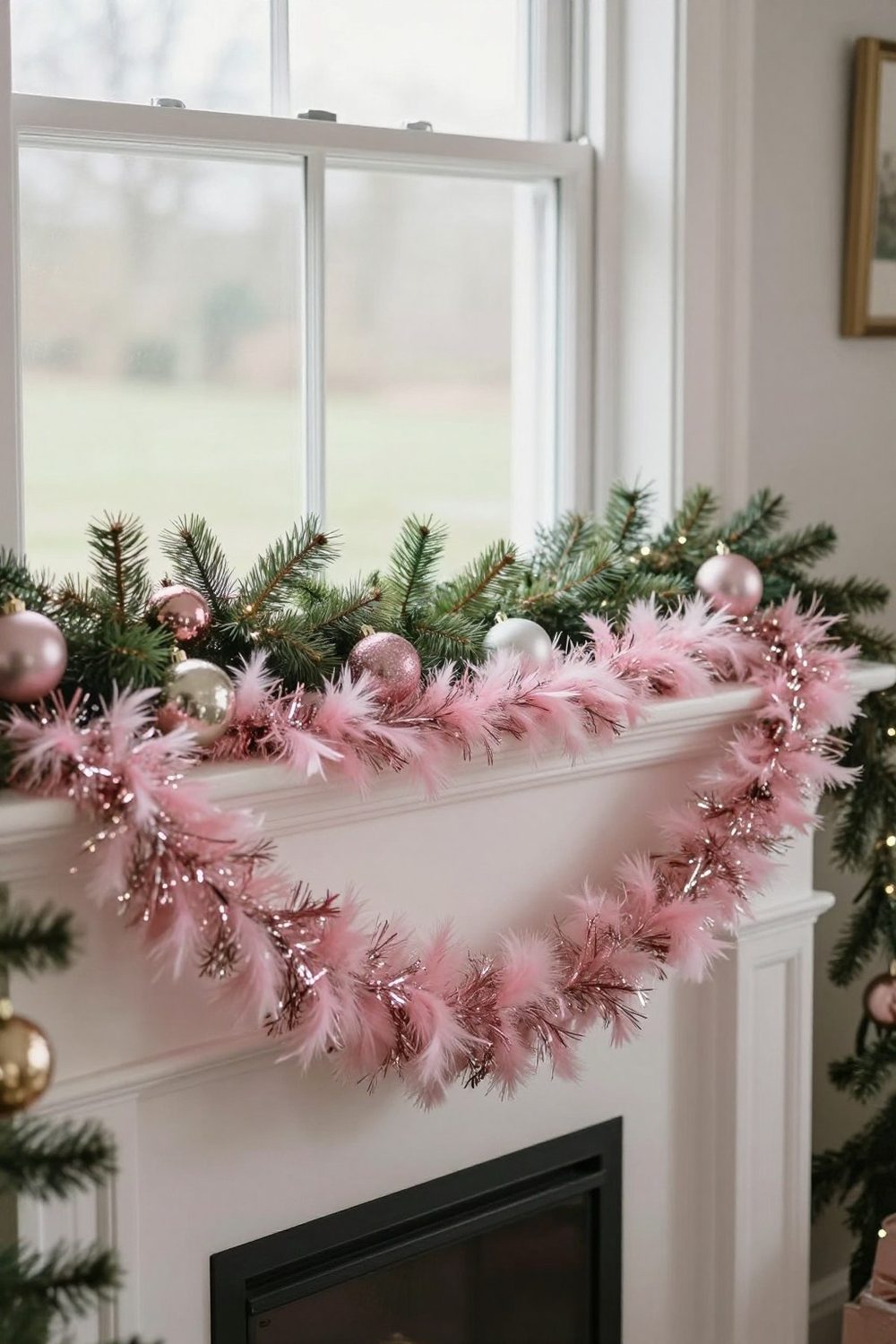 Pink feather or tinsel garland draped along a mantel