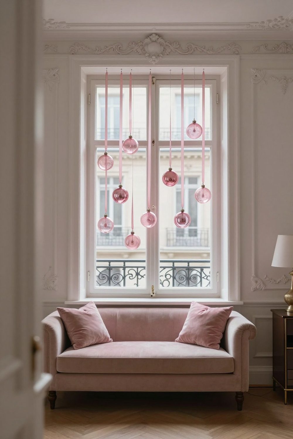 Pink glass ornaments hanging in a window catching daylight