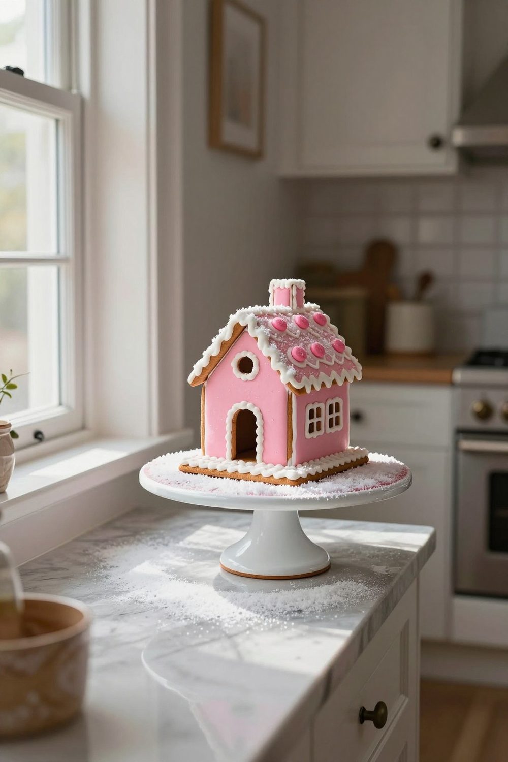 Pink and white gingerbread house on a cake stand
