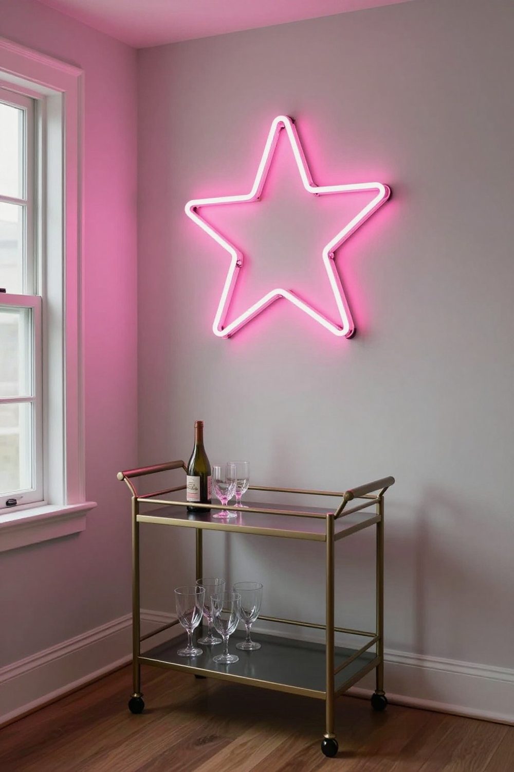 Pink neon-style LED sign shaped like a star on a wall above a bar cart