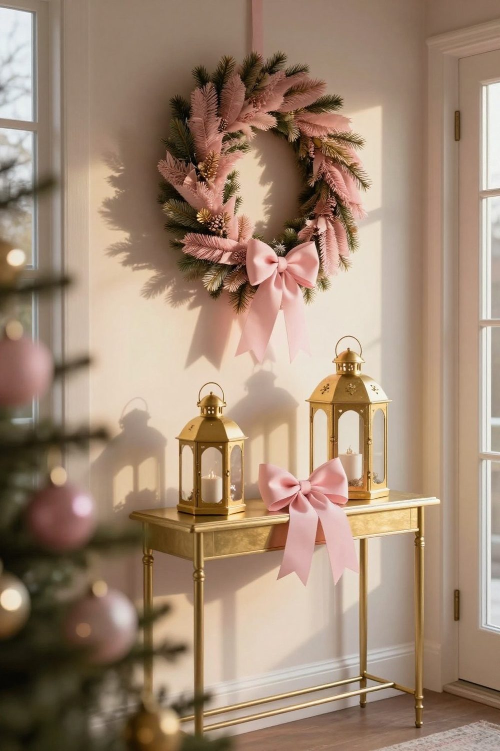 Pink and gold Christmas entryway with a pink wreath and a gold lantern