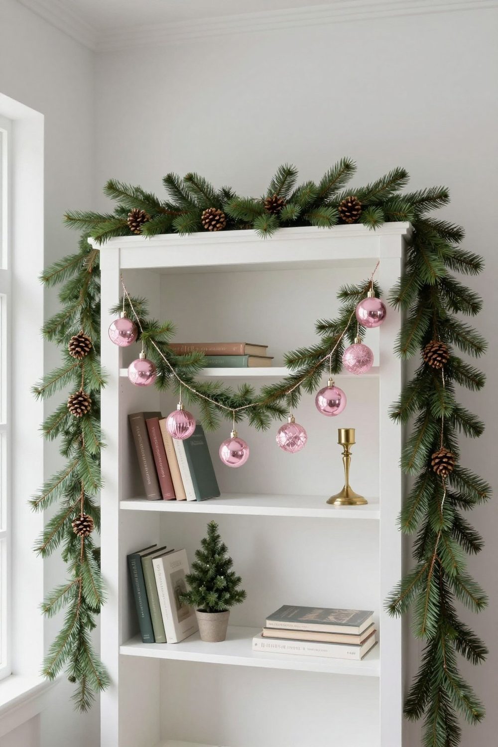 Simple Christmas vignette with one pink ornament garland and greenery on a white shelf