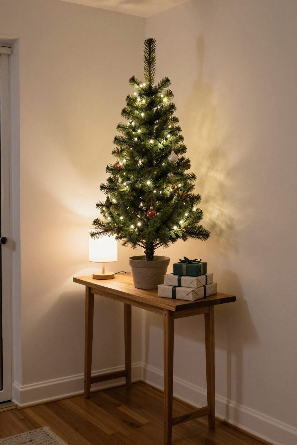 Small tabletop Christmas tree with warm lights on a console table in a cozy apartment richly decorated for Christmas