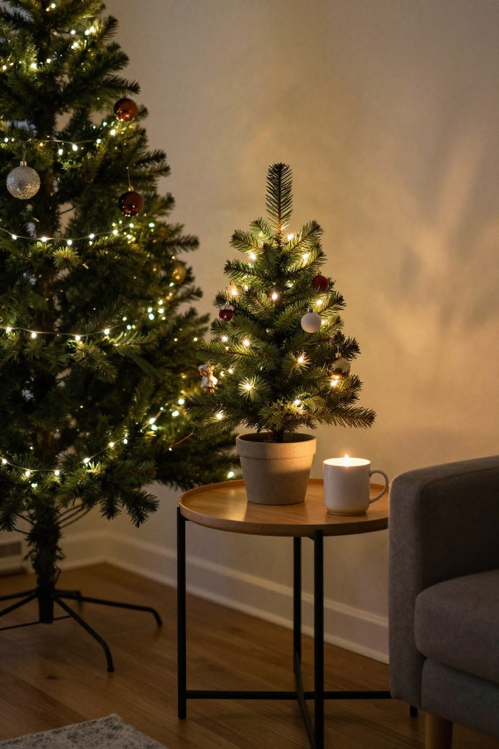 Christmas tree on a small side table decorated with mini ornaments in an apartment living room