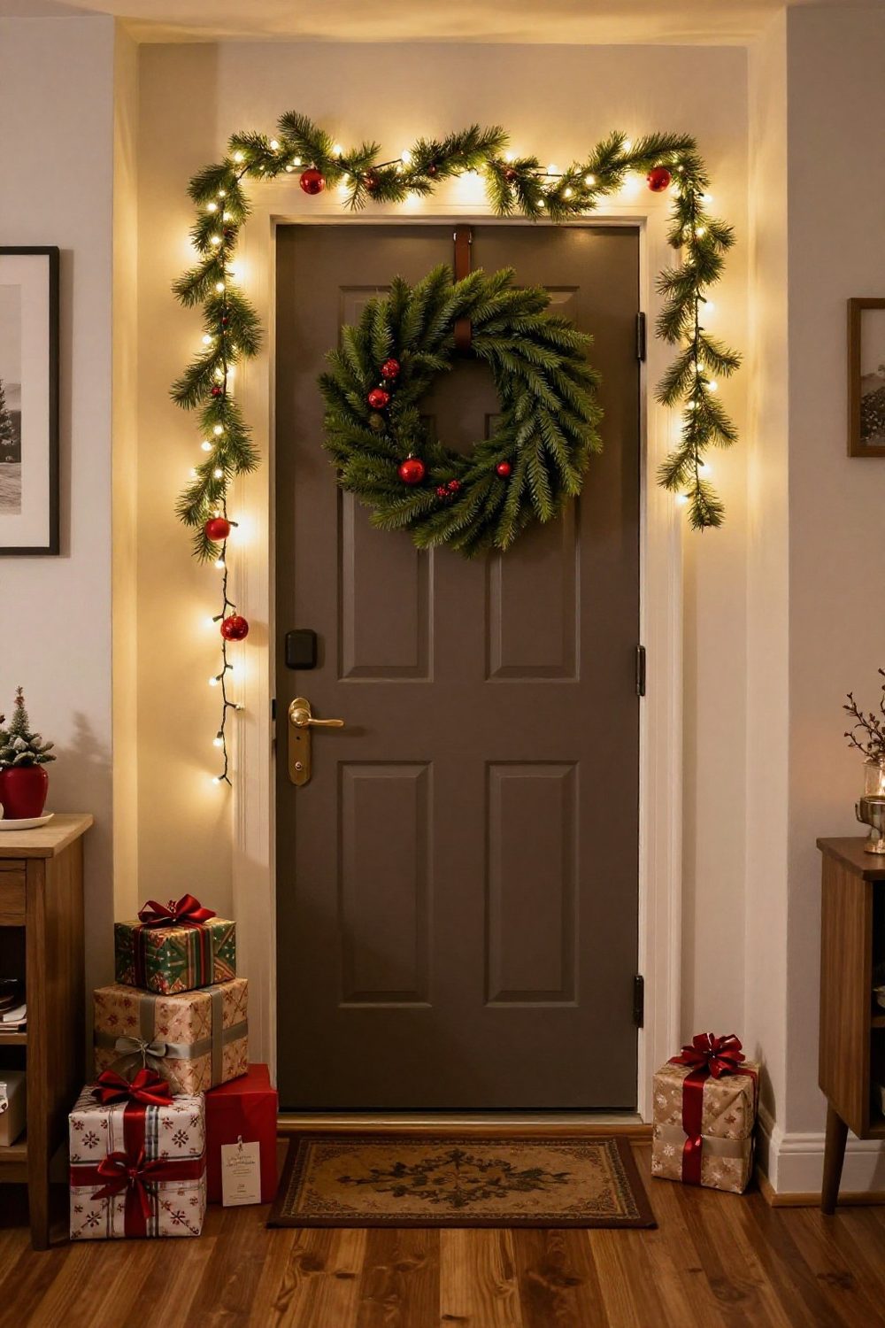 Over-the-door wreath hanger with an evergreen wreath on an apartment front door inside