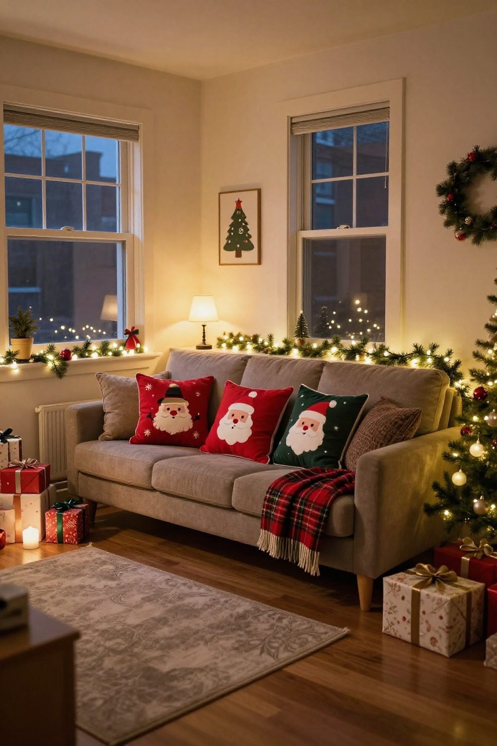 Sofa in a small apartment with Christmas pillow covers and a plaid throw