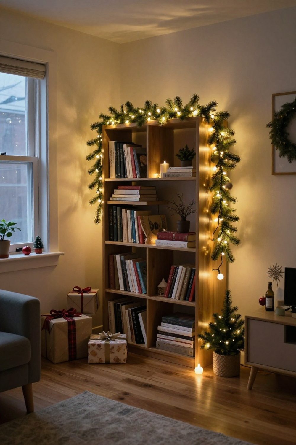Battery fairy lights draped along a bookcase in a cozy studio apartment at evening
