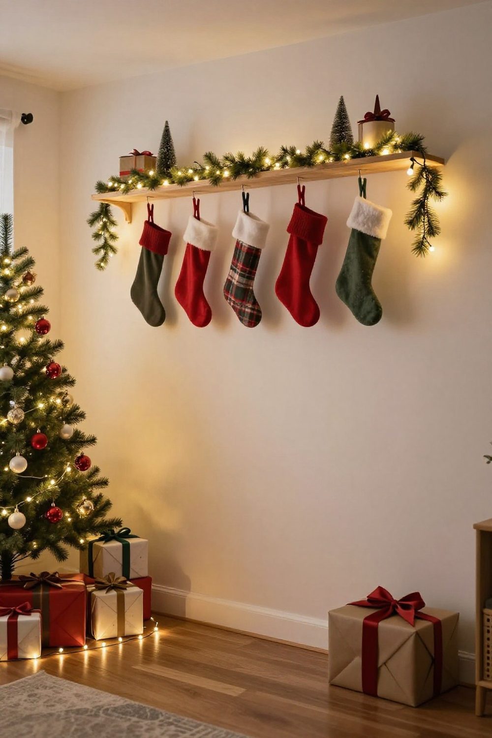 Stockings hung on adhesive hooks along a floating shelf in a small apartment without a fireplace