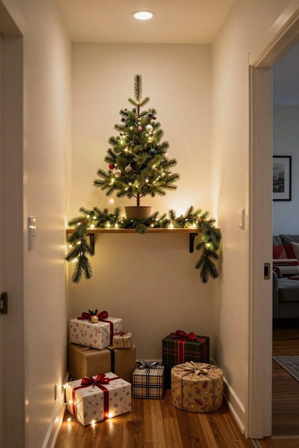 Small apartment entryway with a narrow wall shelf, mini tree and evergreen sprigs
