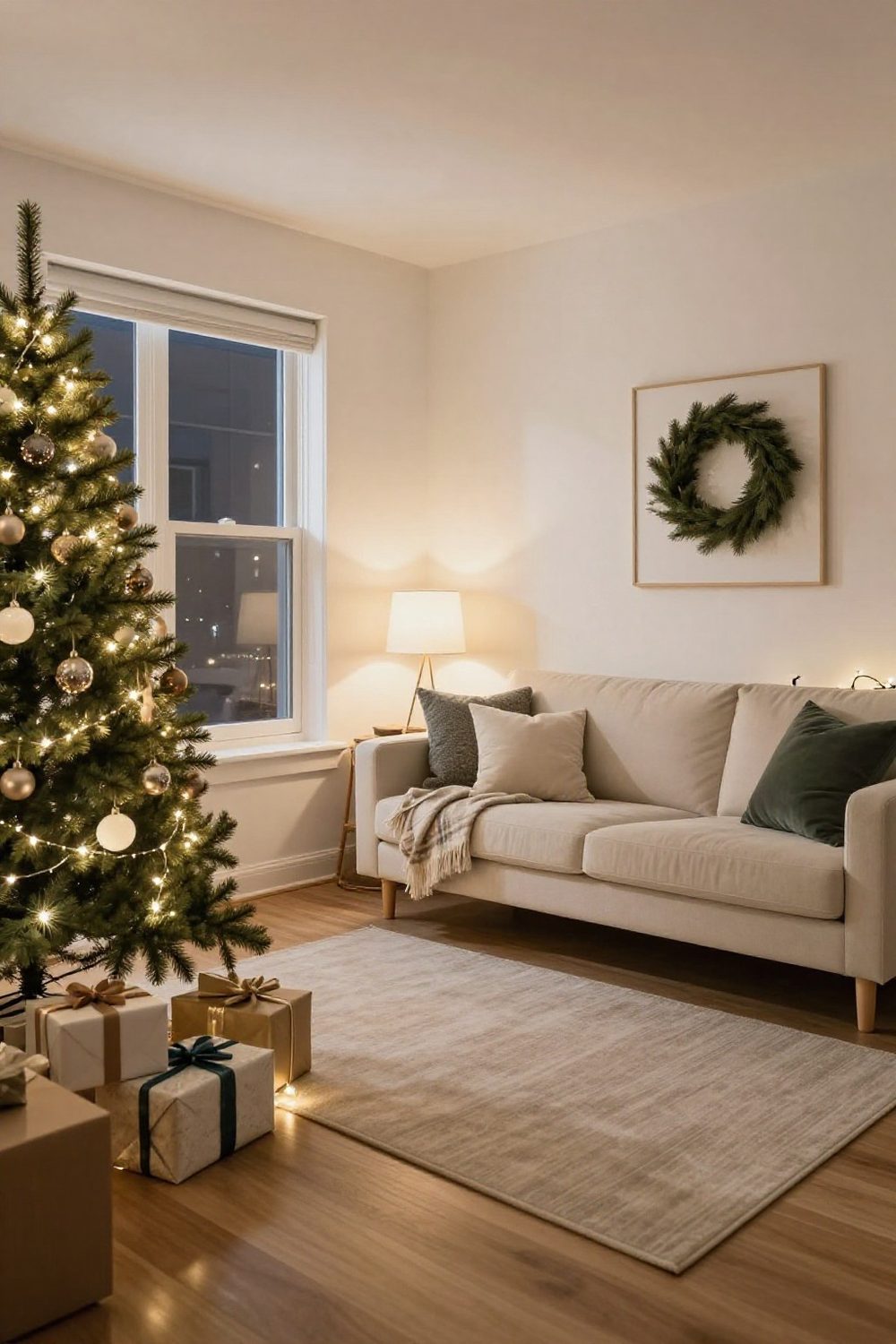 Small apartment living room in a neutral white and wood Christmas palette