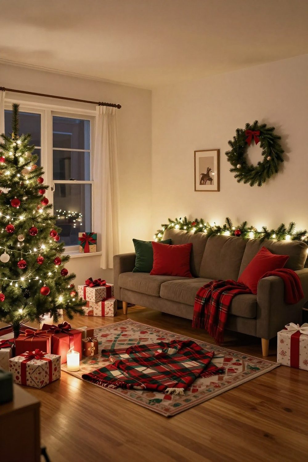 Traditional red and green Christmas decor in a small apartment living room with plaid and greenery