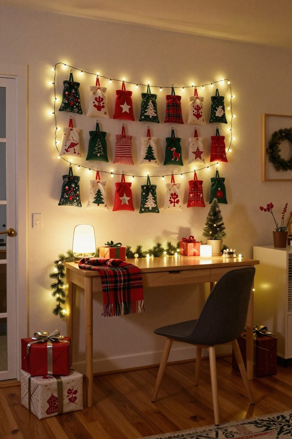 Advent calendar of small pouches hanging on an apartment wall above a desk