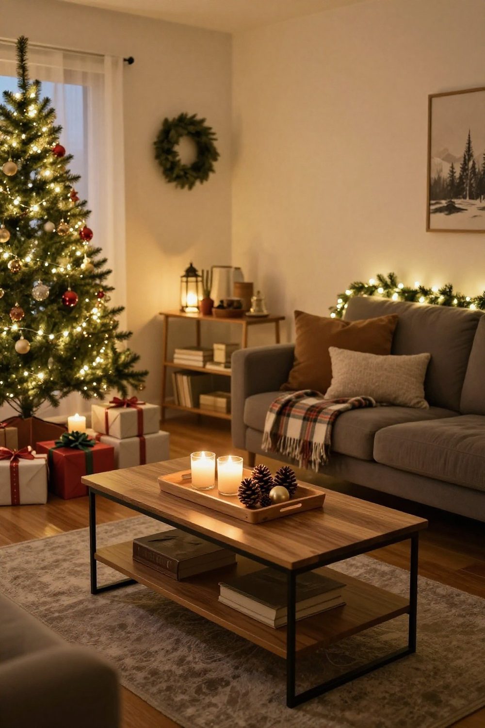 Small apartment coffee table with a wooden tray holding a candle in a hurricane, pinecones and ornaments