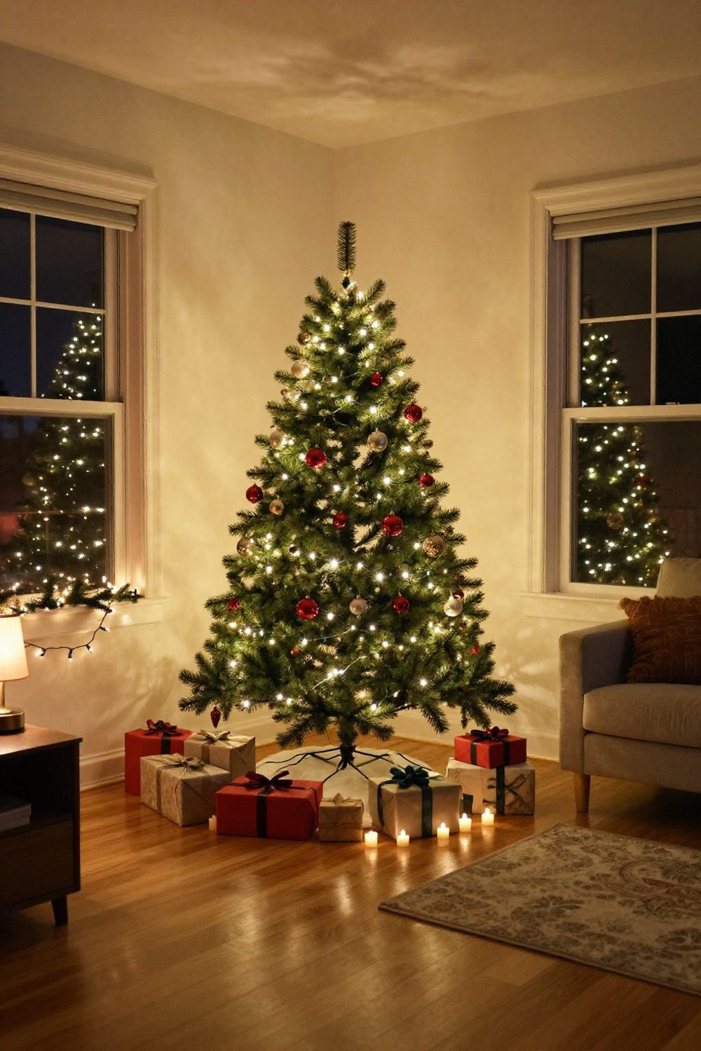 Cozy small apartment at night lit by a small Christmas tree, fairy lights and a lamp