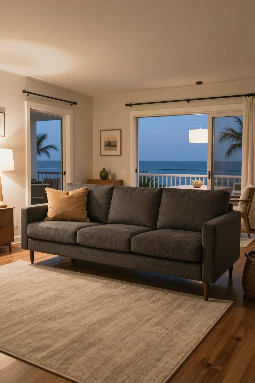 Small living room with an apartment-size sofa on slim legs and a large rug