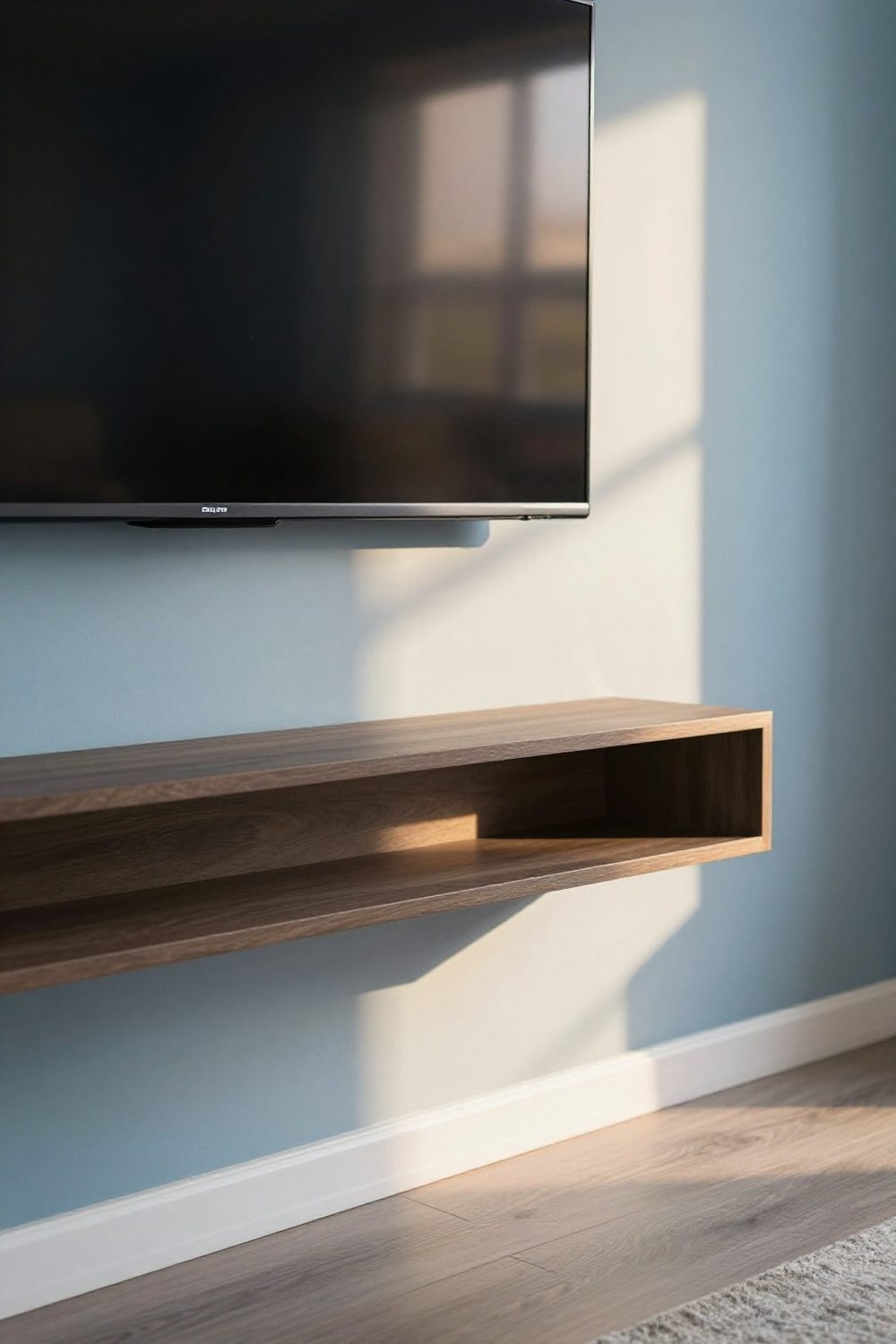 Wall-mounted TV above a slim floating media shelf in a small living room