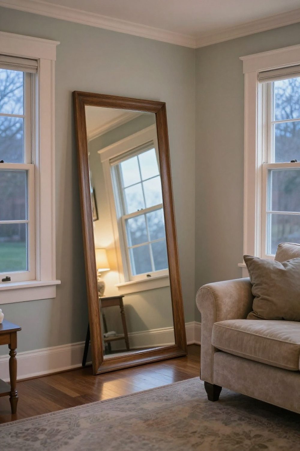 Large mirror leaning on a living room wall reflecting a window